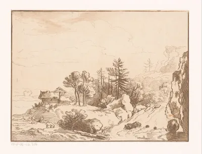 Heuvellandschap met herder bij een hut en waterval