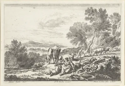 Heuvellandschap met herders en boeren