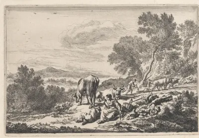 Heuvellandschap met herders en boeren