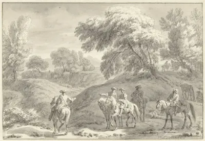 Heuvellandschap met jagers te paard