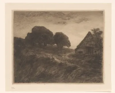 Heuvellandschap met kastanjebomen en schuur bij Materborn