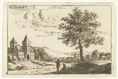 Heuvellandschap met kasteel en rustende reizigers