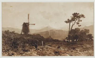 Heuvellandschap met links een molen