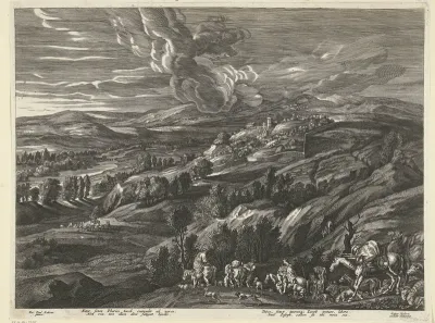 Heuvellandschap met muur en rivier en reizigers