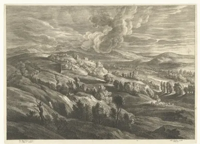 Heuvellandschap met muur en rivier
