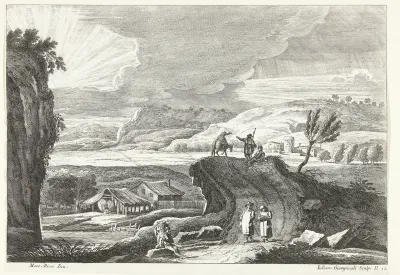 Heuvellandschap met pelgrims op weg en ondergaande zon