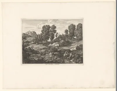 Heuvellandschap met reizigers en gezicht op Civitella