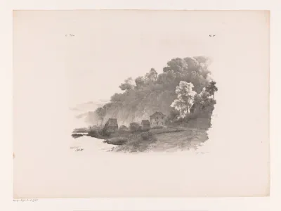Heuvellandschap met rivier, landweg en huizen