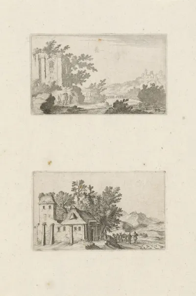 Heuvellandschap met ruïne en een boerderij in een heuvelland