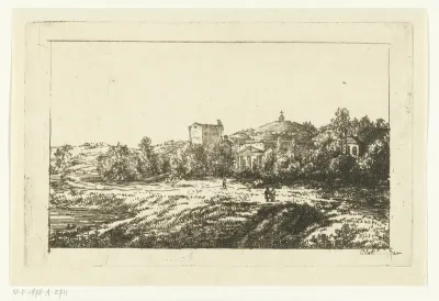 Heuvellandschap met ruïne van kerk of klooster
