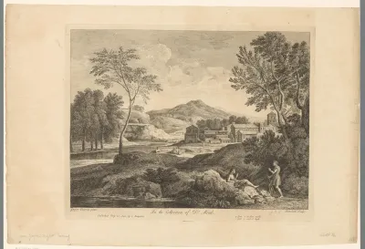 Heuvellandschap met rustende figuren aan de rand van een dorp