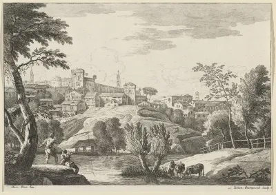 Heuvellandschap met stad en hengelaar