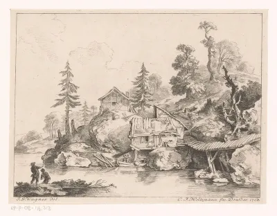 Heuvellandschap met twee hutten aan het water