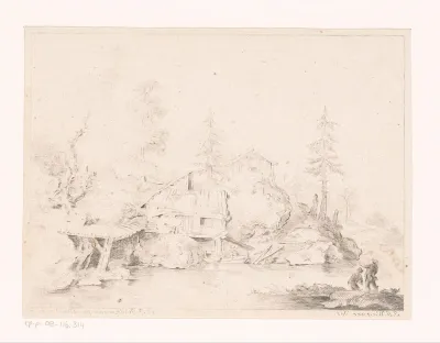 Heuvellandschap met twee hutten aan water