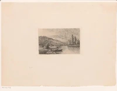 Heuvellandschap met twee schuiten langs de oever