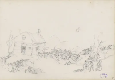 Heuvellandschap met vechtende soldaten