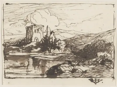 Heuvellandschap met vervallen toren aan een waterkant