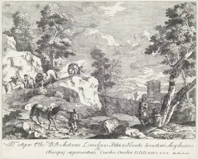 Heuvellandschap met vier ruiters die hun paarden leiden