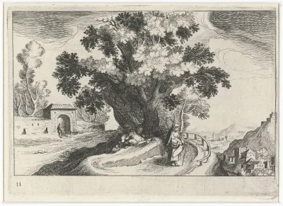 Heuvellandschap met vrijende figuren onder een boom