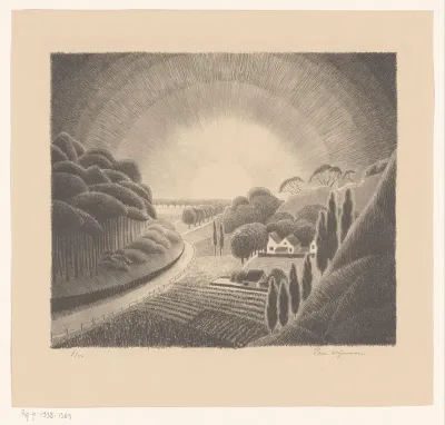 Heuvellandschap met zon aan de horizon