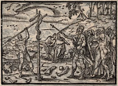 Hezekiah breaking the images and the bronze serpent made by Moses (II Kings 18, 1-4)