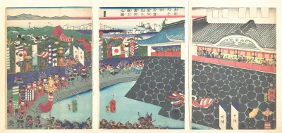 Hideyoshi and His Troops Leaving Nagoya Camp (Mashiba Hideyoshi kō nagoya jin saki te no shoshō kuridashi no zu)