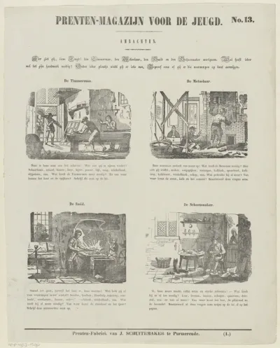 Hier ziet gij, lieve jeugd! den timmerman, den metselaar, den smid en den schoenmaker werkzaam. Wat heeft ieder wel tot zijn handwerk noodig? (...)