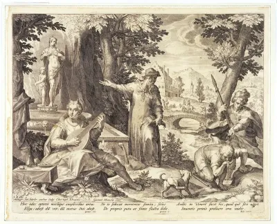 Hieronymus Fracastorius (Girolamo Fracastoro) shows the shepherd Syphilus and the hunter Ilceus a statue of Venus to warn them against the danger of infection with syphilis