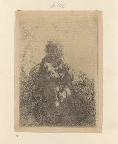 Hieronymus geknield in gebed, de blik naar beneden gericht