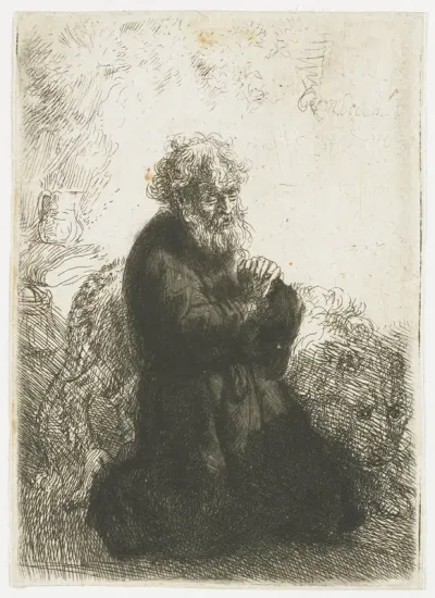 Hieronymus geknield in gebed, de blik naar beneden gericht