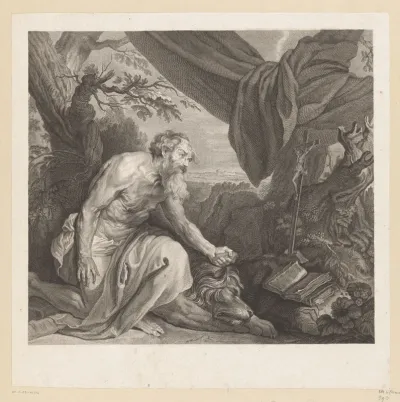 Hiëronymus met slapende leeuw en kruisbeeld