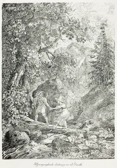 Hiker Crossing Over a Mountain Stream on a Tree Trunk with a Woman
