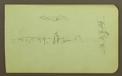 Hills, Church, Bridge; Figure, Cross, Church