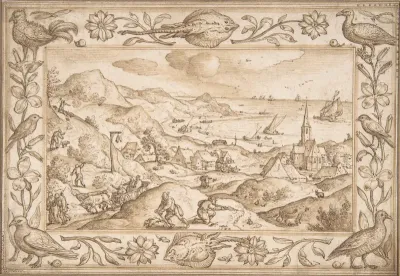 Hilly Coastal Landscape with Hunters, with an elaborate border of Fishes and Birds
