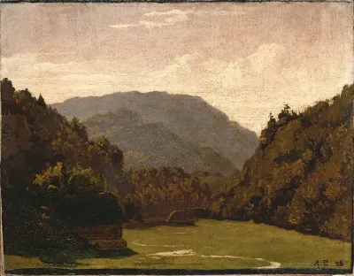 Hilly landscape with log cabins and a creek in the plain