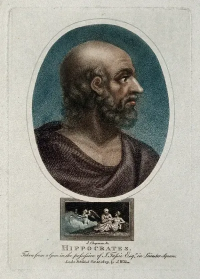 Hippocrates. Coloured stipple engraving by J. Chapman, 1809