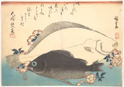 Hirame and Mebaru Fish with Cherry Blossoms, from the series Uozukushi (Every Variety of Fish)