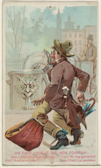 His First Look at the New Fountain, from the Snapshots from "Puck" series (N128) issued by Duke Sons & Co. to promote Honest Long Cut Tobacco