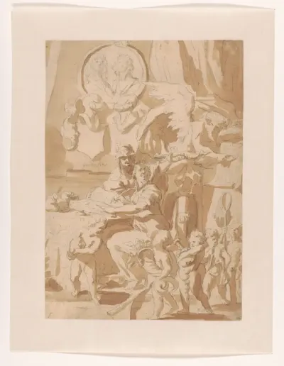 Historia schrijft in haar journaal, bijgestaan door Prudentia en Chronos