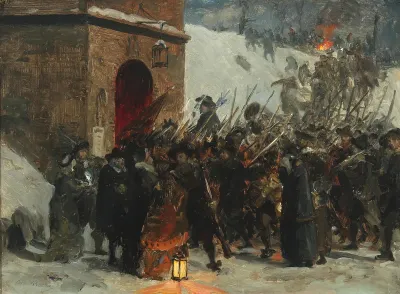 Historical scene with numerous soldiers at the Citadel of Copenhagen.