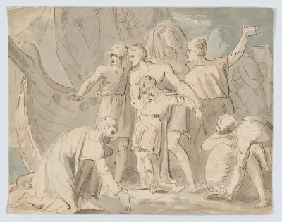 Historical subject with men and a boy near a ship (recto). Anatomical study of a foot (verso)