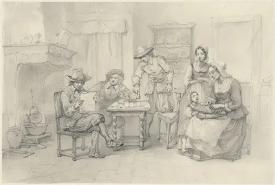 Historisch interieur met figuren rond een tafel