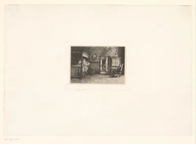 Historisch interieur met twee figuren in bed en een man gezeten aan een schrijfkabinet