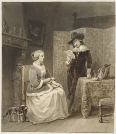Historisch interieur met zittende vrouw en staande, lezende man