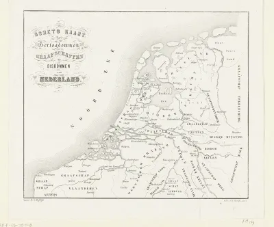 Historische kaart van de hertogdommen, graafschappen en bisdommen van Nederland