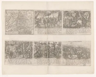Historische kaart van de Nederlanden met afbeeldingen van het dagelijkse leven van de Germanen