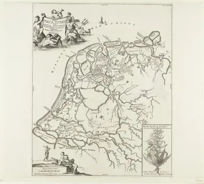 Historische kaart van Nederland met de gebieden van de Bataven en Friezen