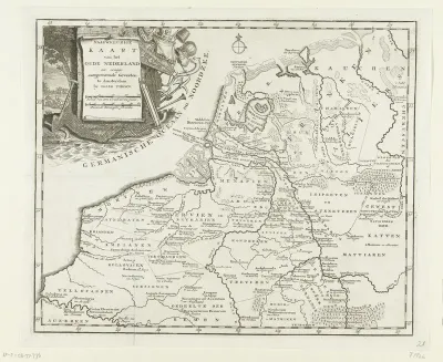 Historische kaart van Nederland met de gebieden van de Bataven en Friezen