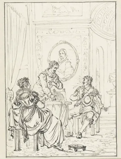 Historische scène met interieur met drie personen