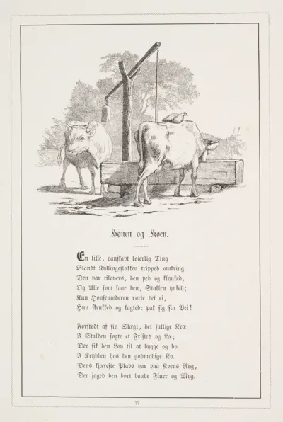 Hønen og koen. Illustration til H.V. Kaalund, "Fabler for Børn"